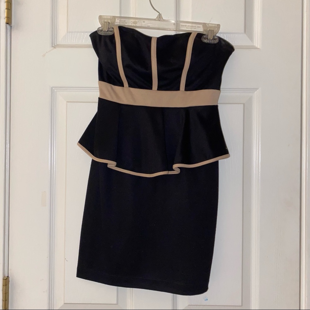 Mystic Black and Tan Peplum Cocktail Dress